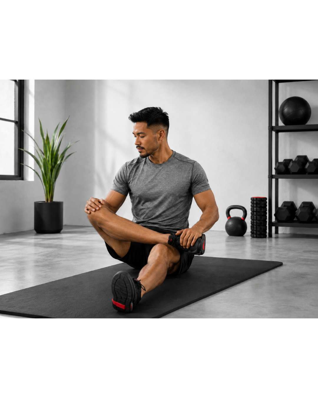 Man performing a seated hip stretch for tight hips and low-back tension